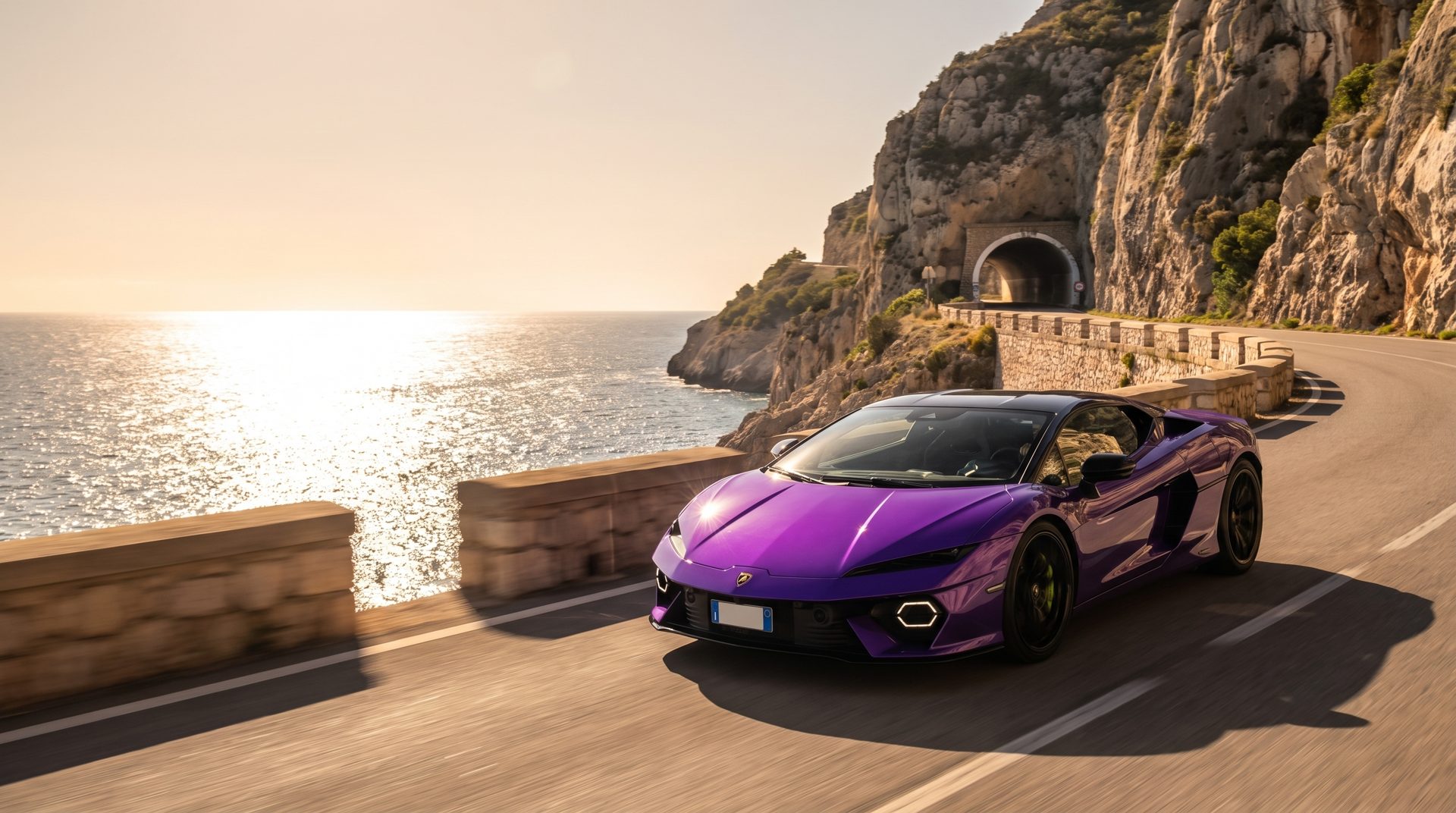 Lamborghini Temerario morado de Milla Privada en la carretera de las Costes del Garraf al atardecer